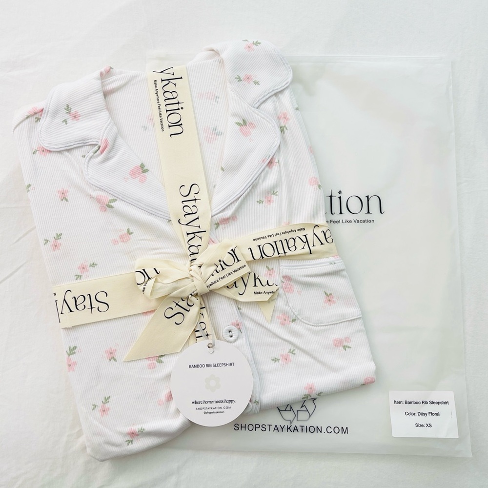 NWT StayKation Bamboo Ribbed PJ Floral Sleepshirt / Lounge Dress Size XS